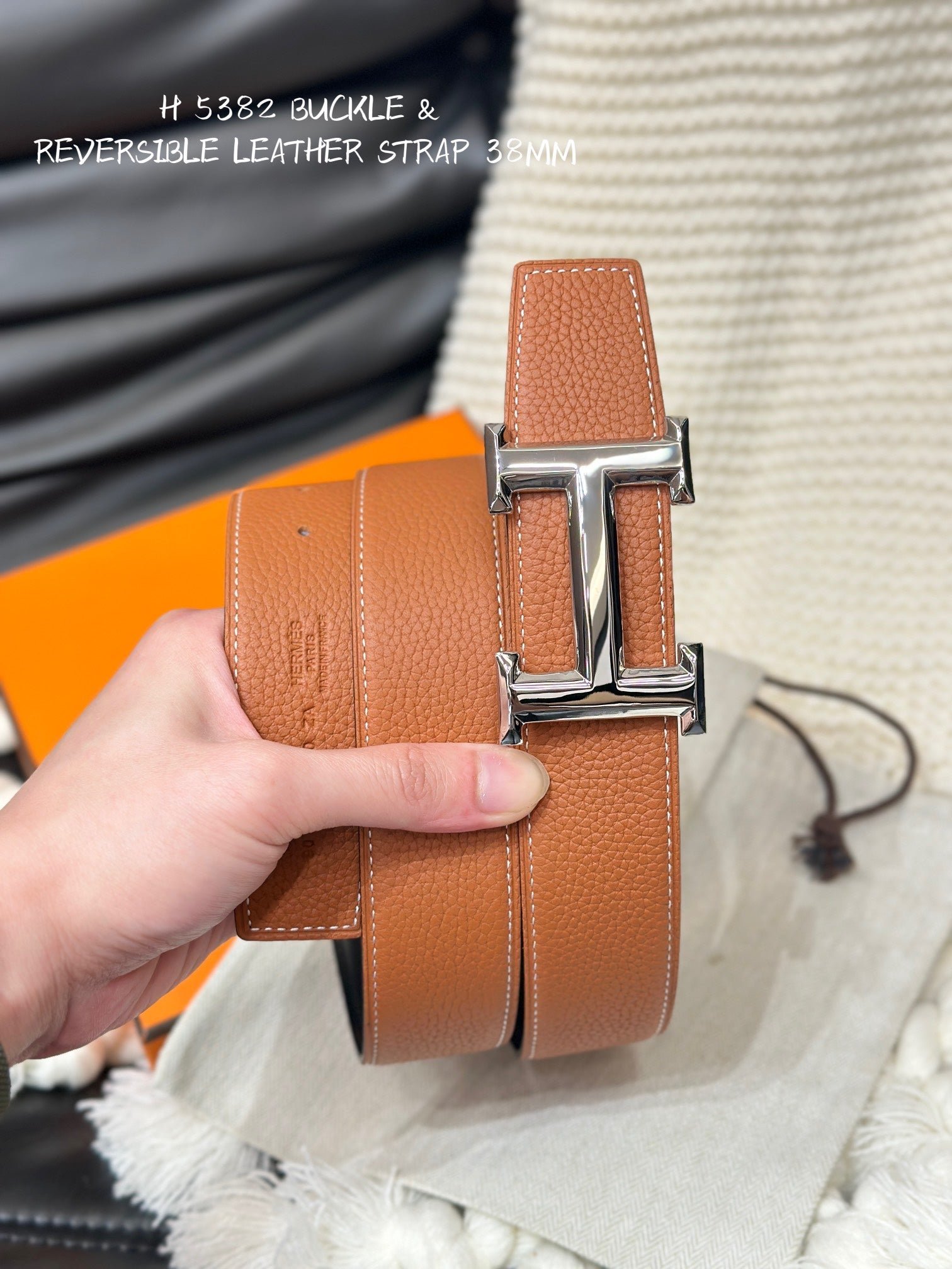 Alternative view of HM 5382 BELT SILVER BUCKLE & REVERSIBLE ORANGE LEATHER STRAP 38MM