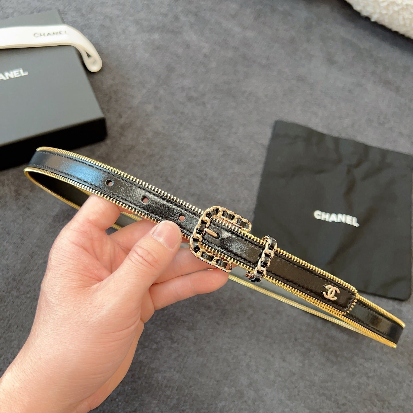 Chanel Patent Gold Trim Belt
