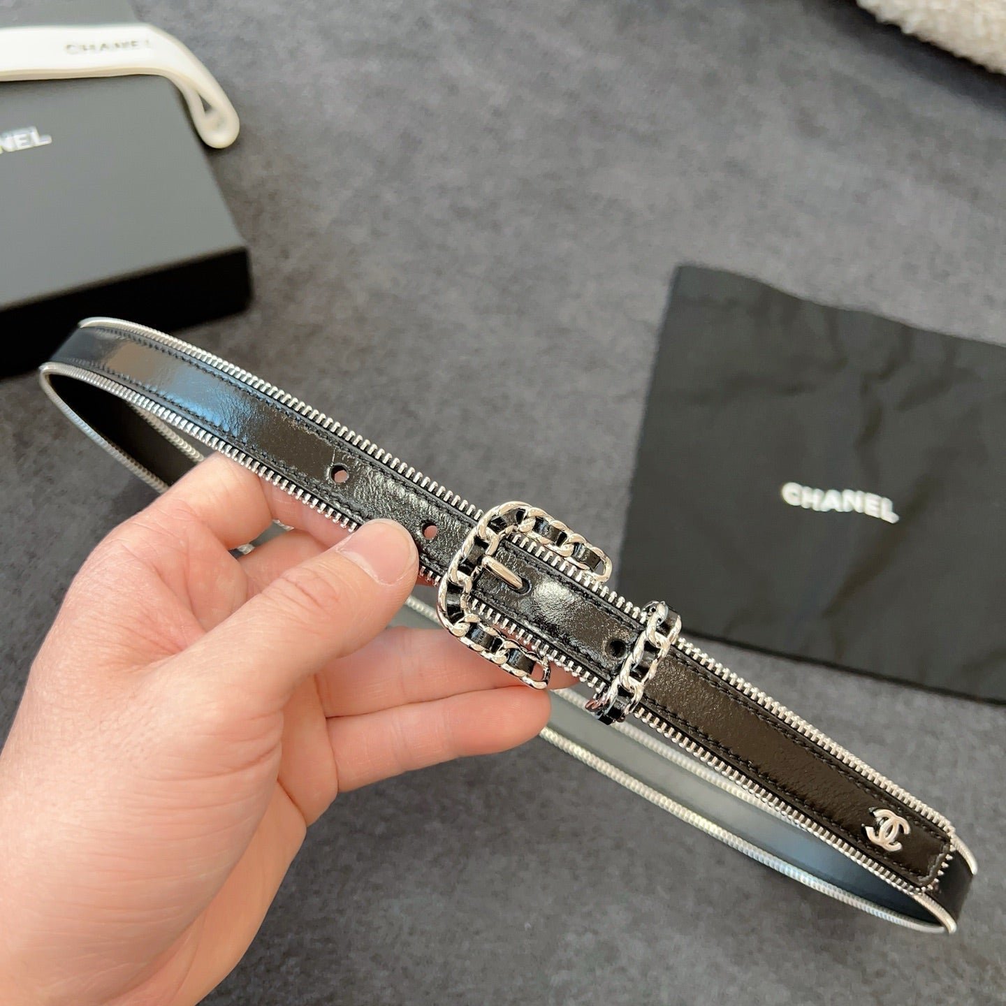 Chanel Patent Silver Trim Belt