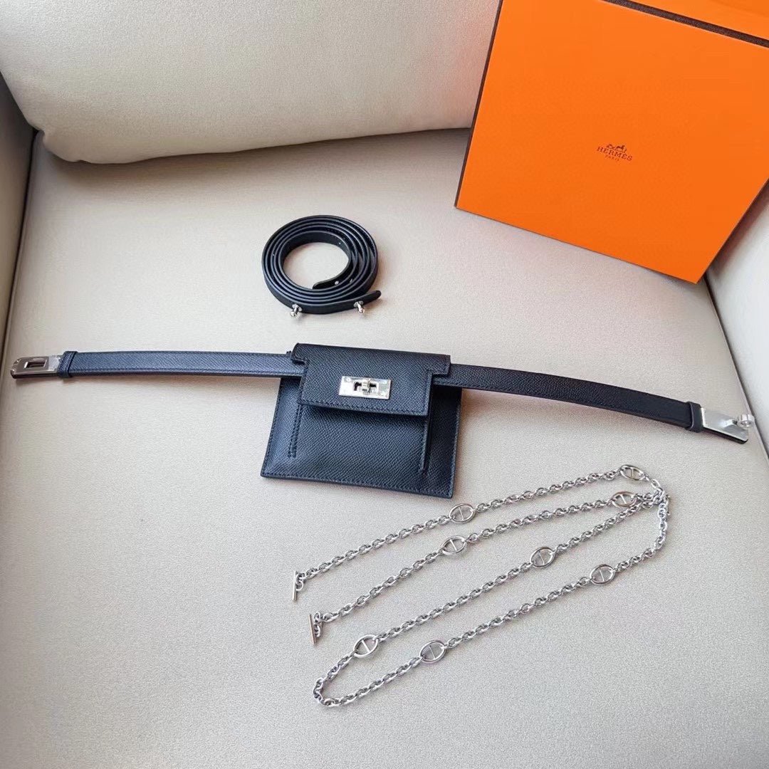 hm kelly belt 18mm with kelly pocket black epsom silver hardware - Image 7