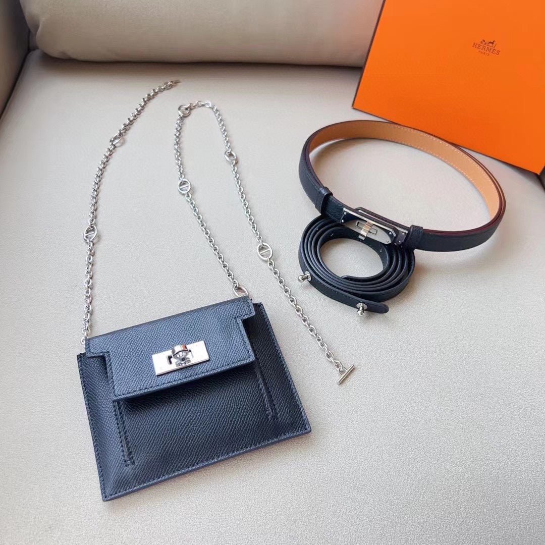 hm kelly belt 18mm with kelly pocket black epsom silver hardware - Image 6