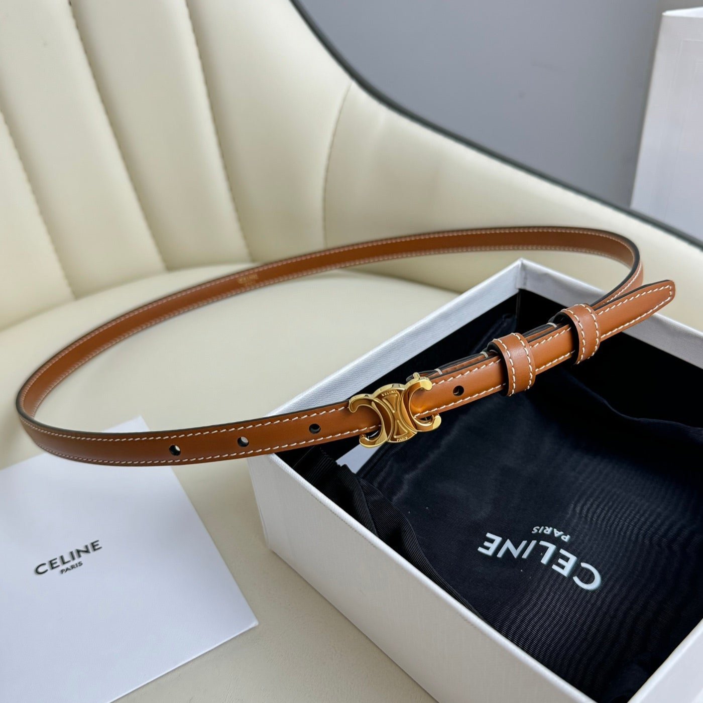 CELINE Tan Triomphe Gold Belt