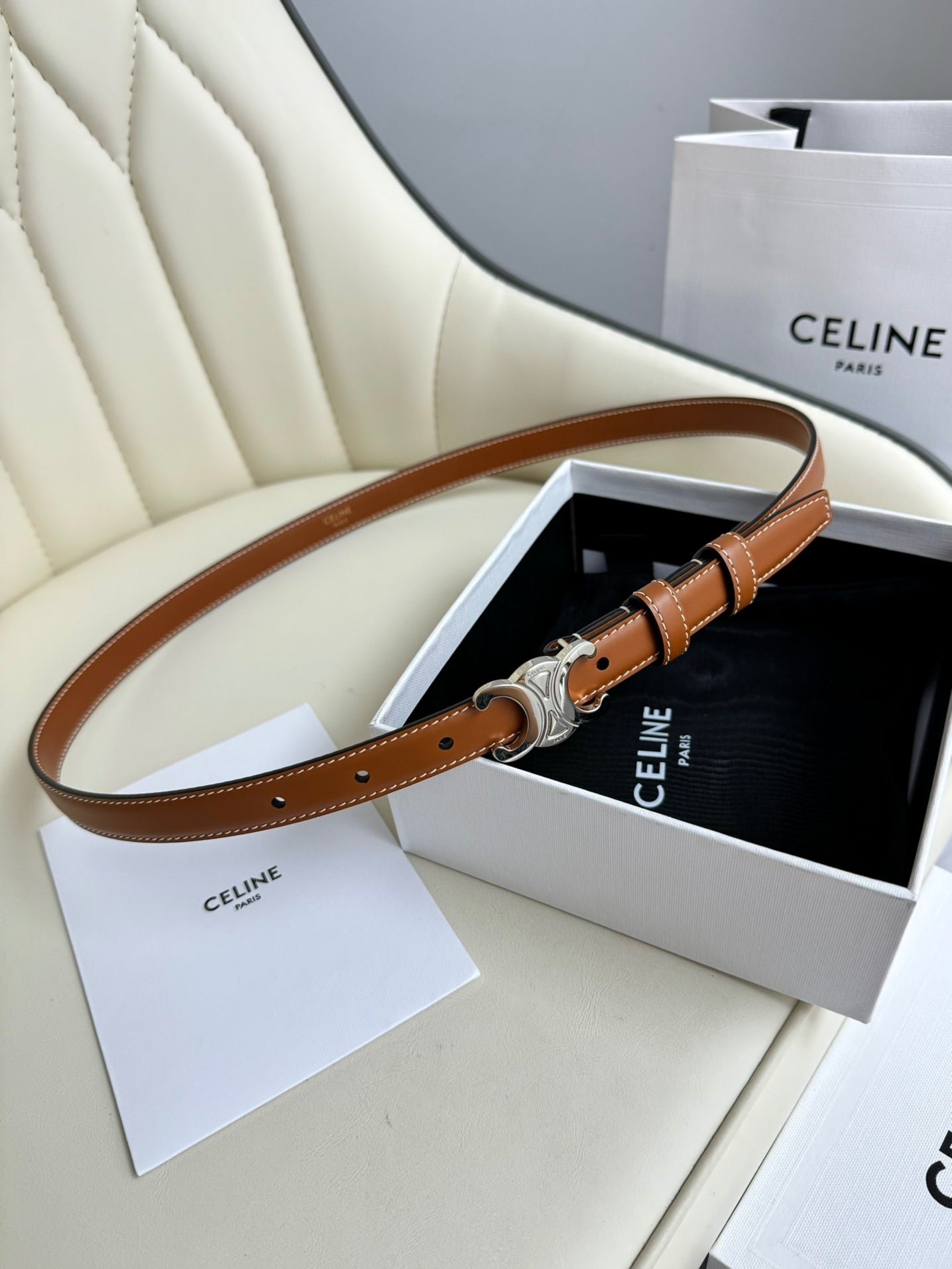 Alternative view of CELINE Tan Triomphe Silver Belt