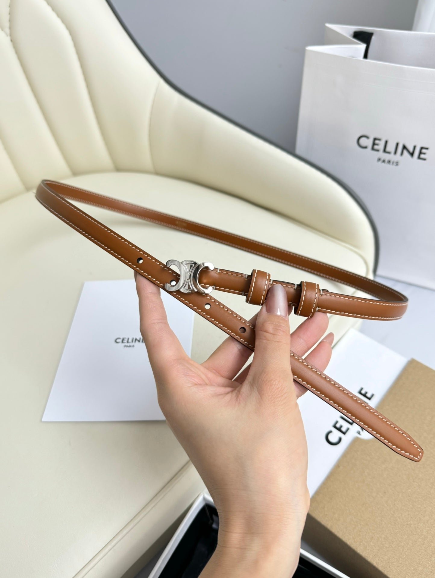 Alternative view of CELINE Tan Silver Triomphe Belt