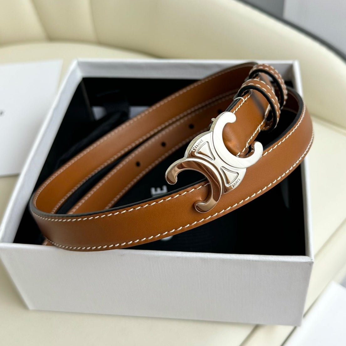 CELINE Tan Silver Triomphe Belt