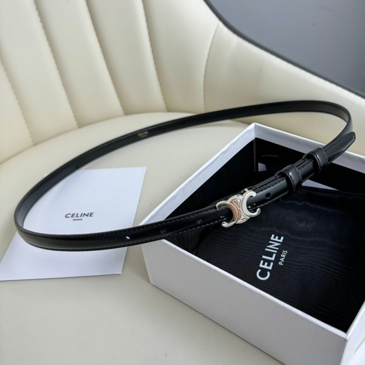 CELINE Black Triomphe Silver Belt