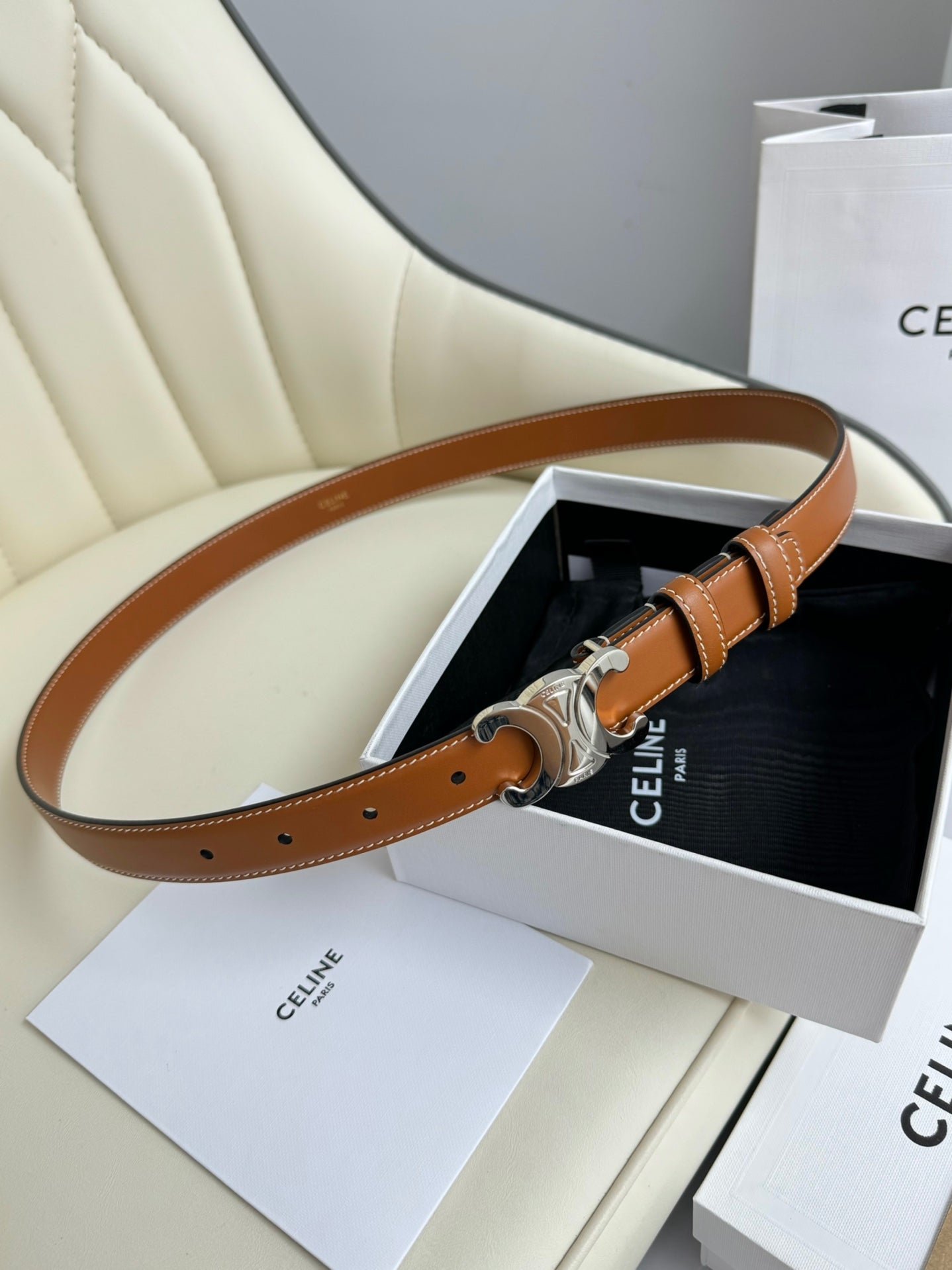 Alternative view of CELINE Tan Triomphe Silver Belt