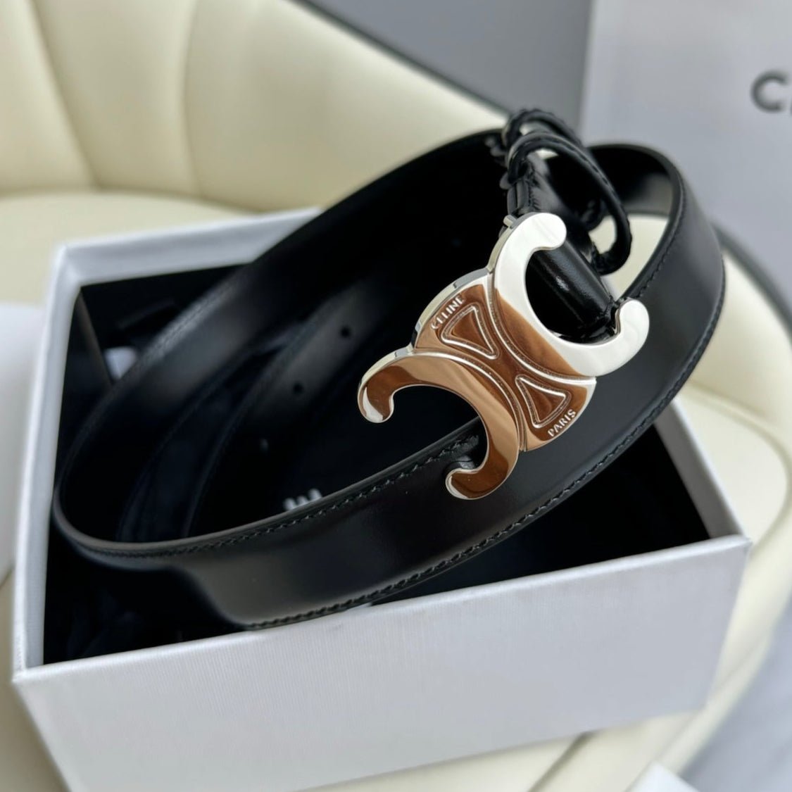 CELINE Black Silver Triomphe Belt