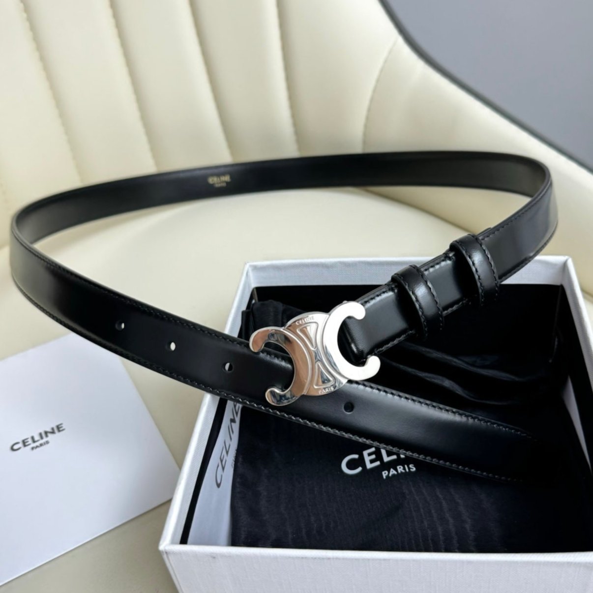 CELINE Black Triomphe Silver Belt