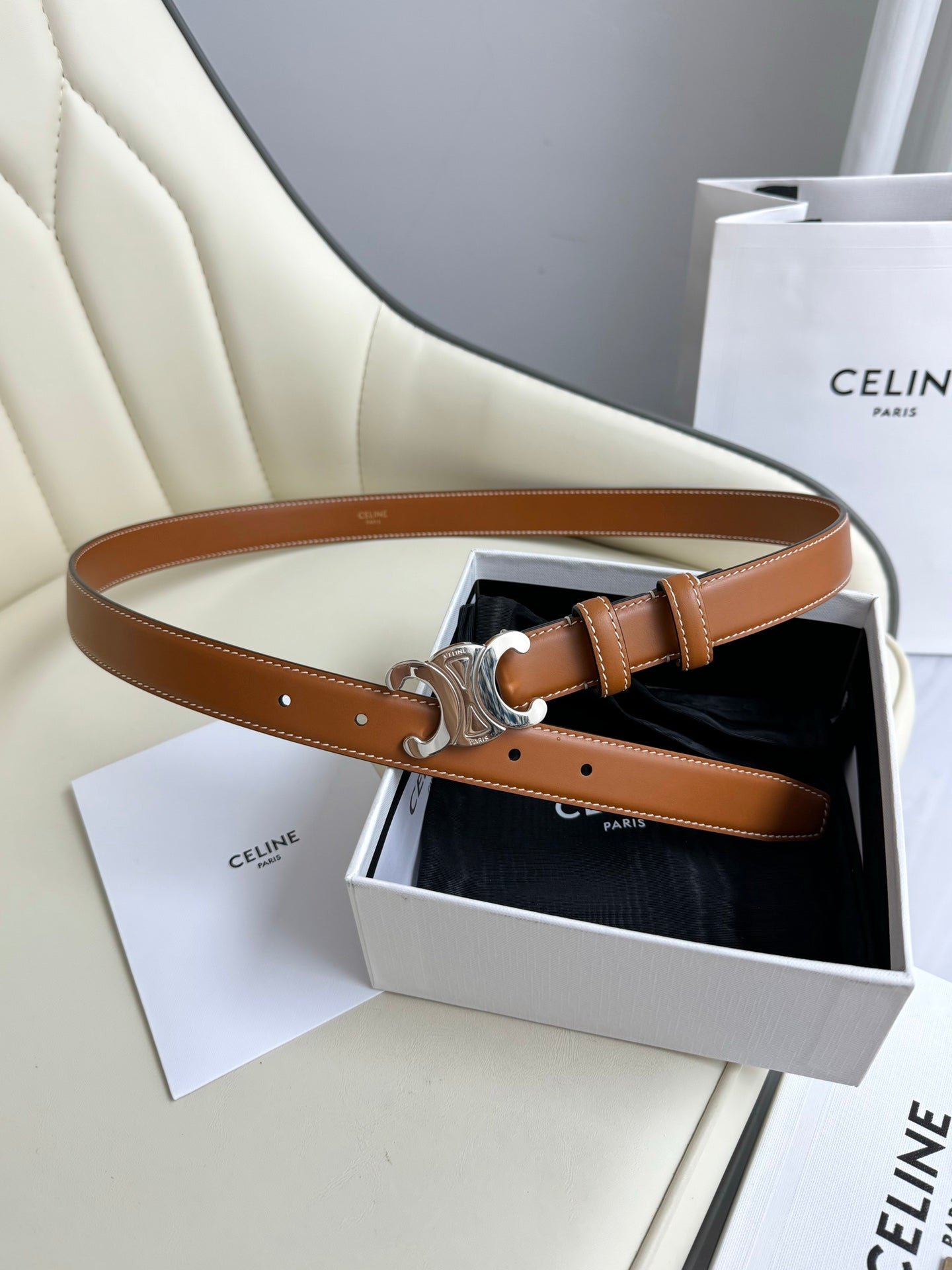 Alternative view of CELINE Tan Triomphe Silver Belt