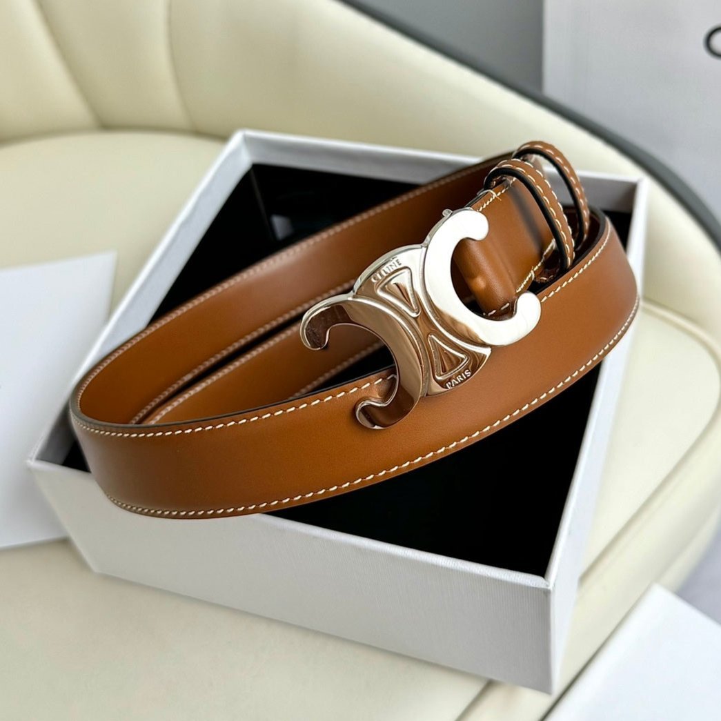 CELINE Tan Triomphe Silver Belt
