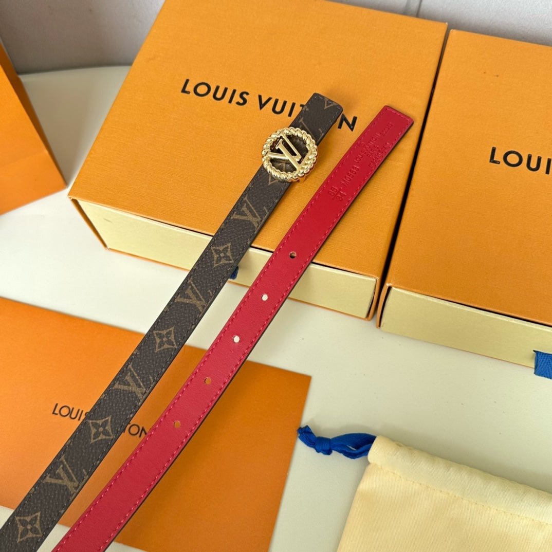 LV Circle Nautical 20mm Reversible Belt Gold Buckle Red Brown Lambskin - Image 6