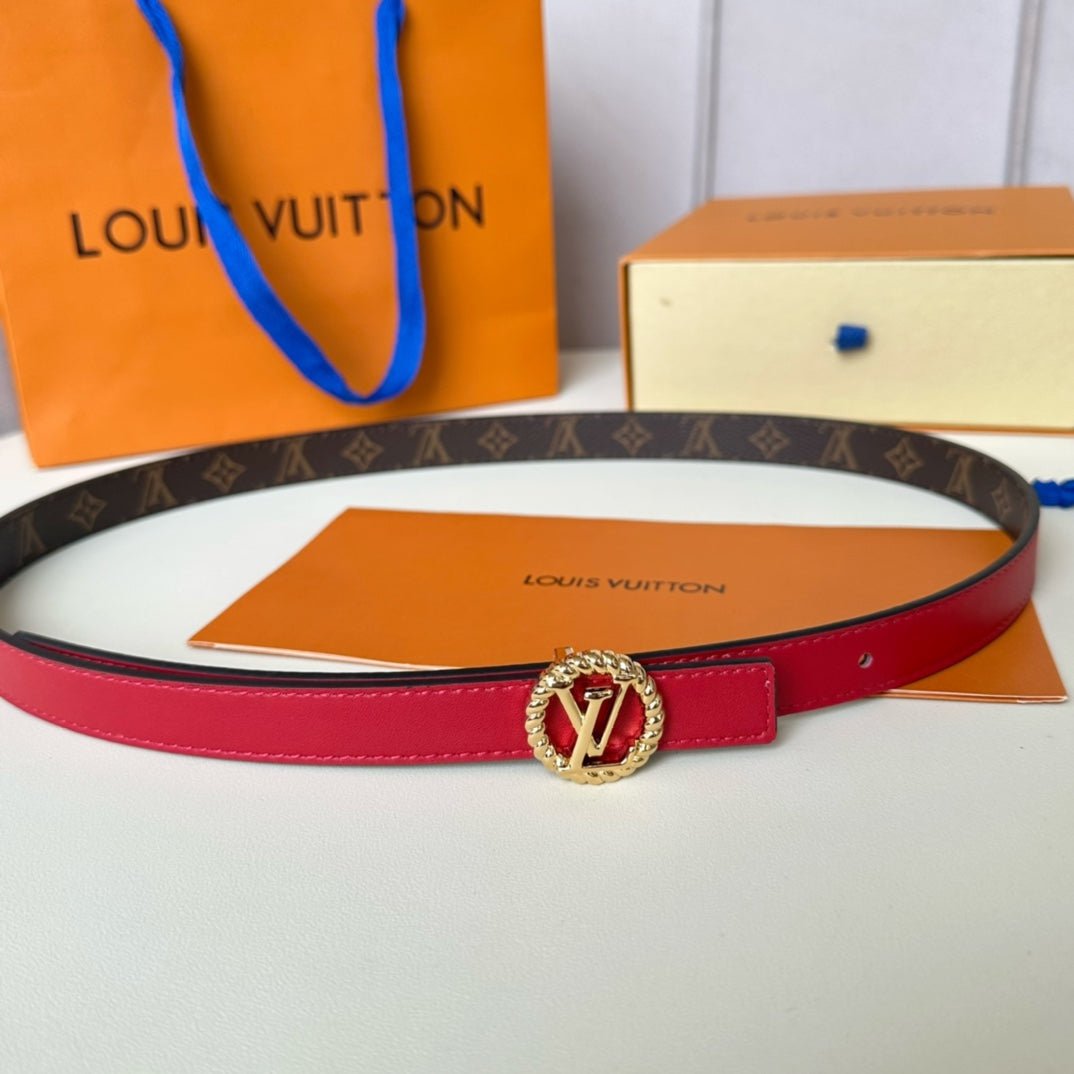 LV Circle Nautical 20mm Reversible Belt Gold Buckle Red Brown Lambskin - Image 7