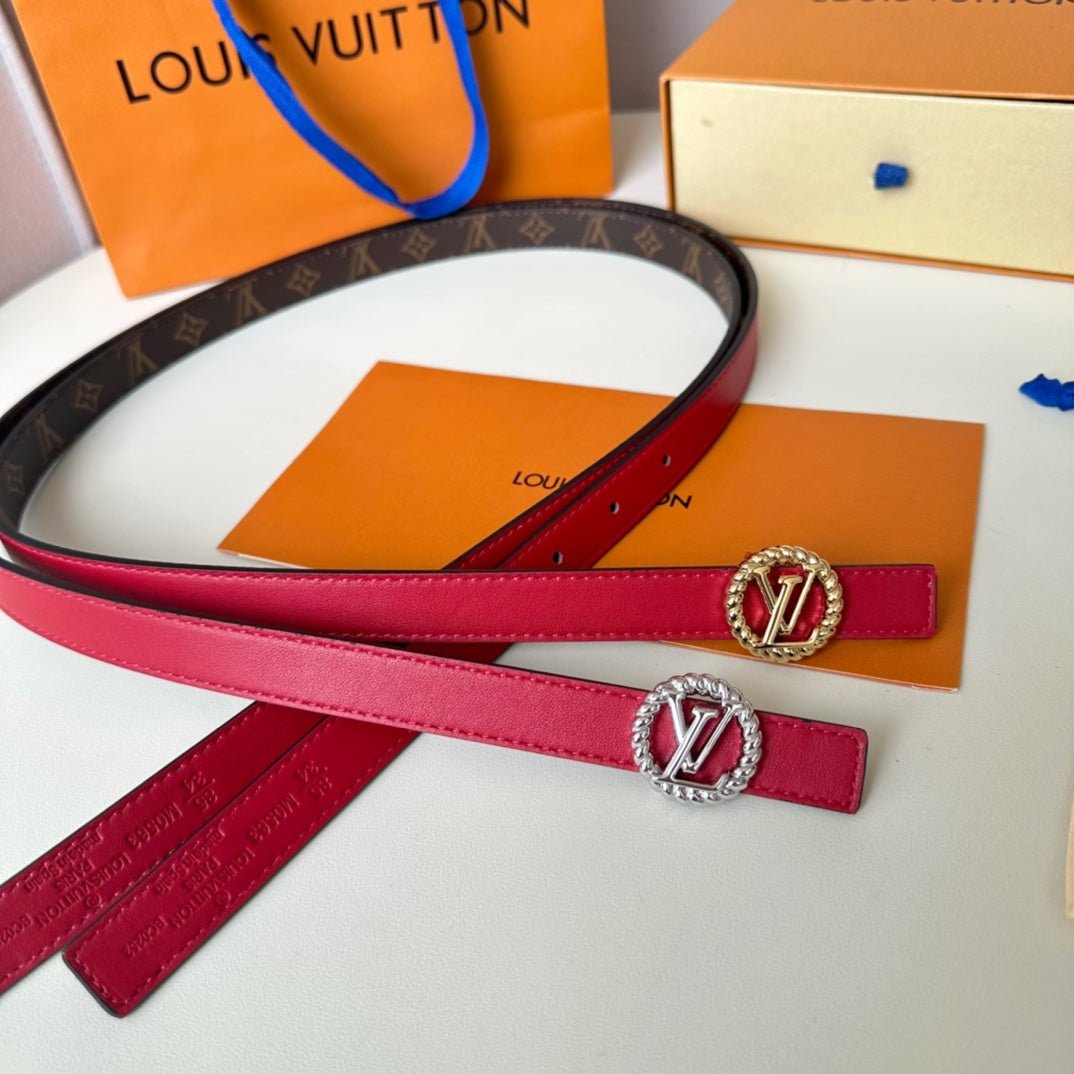 LV Circle Nautical 20mm Reversible Belt Gold Buckle Red Brown Lambskin - Image 9