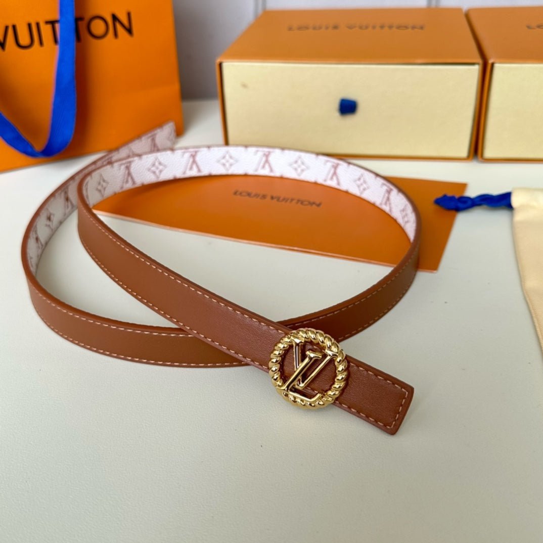 Alternative view of LV Circle Nautical 20mm Reversible Square End Tip Belt Gold Buckle Tan White lambskin
