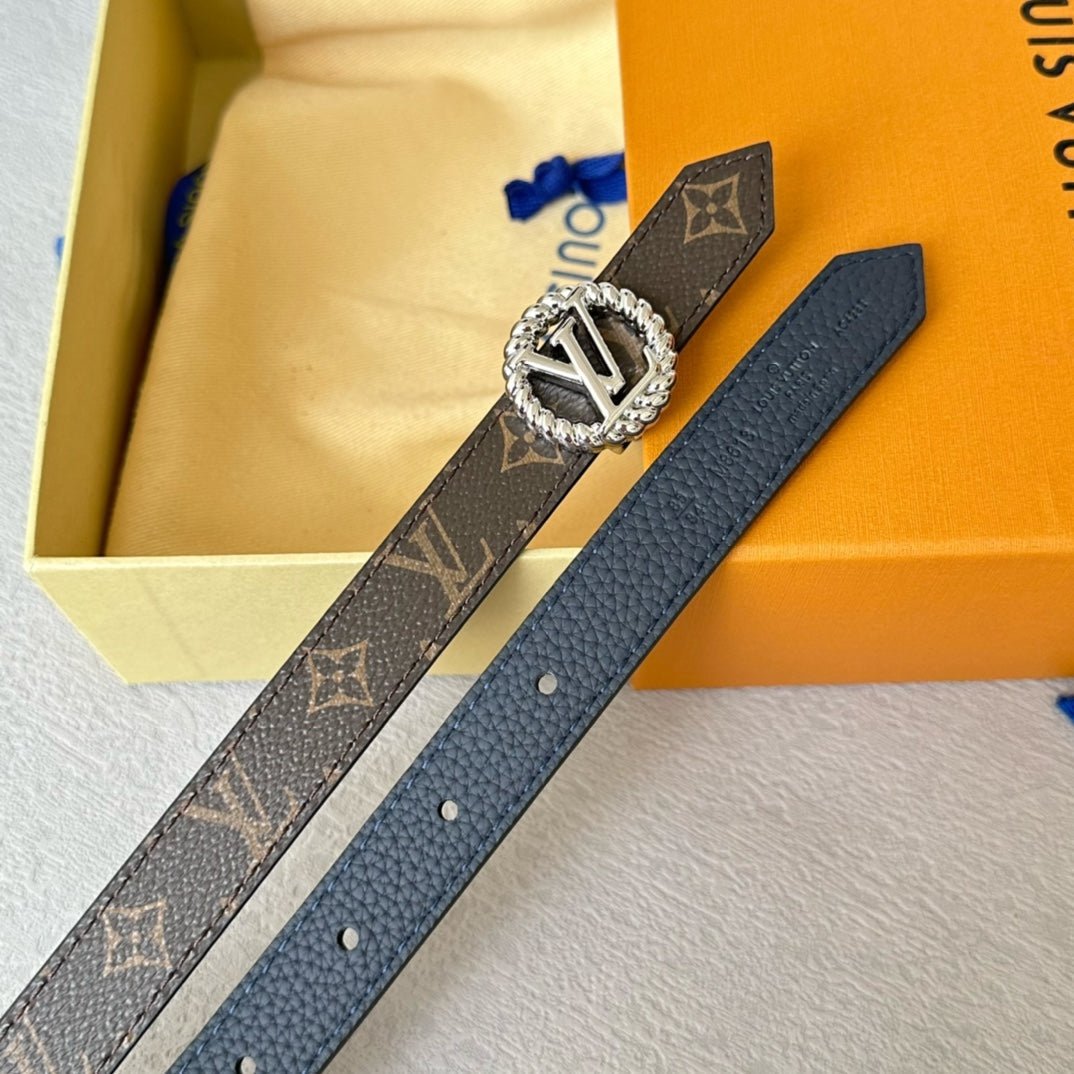 Alternative view of LV Circle Nautical 20mm Reversible Belt Silver Buckle Navy Blue Brown Leather