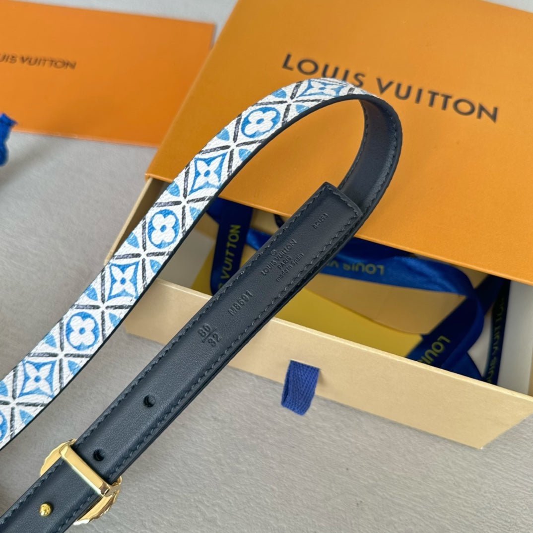 LV Circle Nautical 20mm Reversible Belt Gold Buckle Black White Blue Lambskin - Image 8