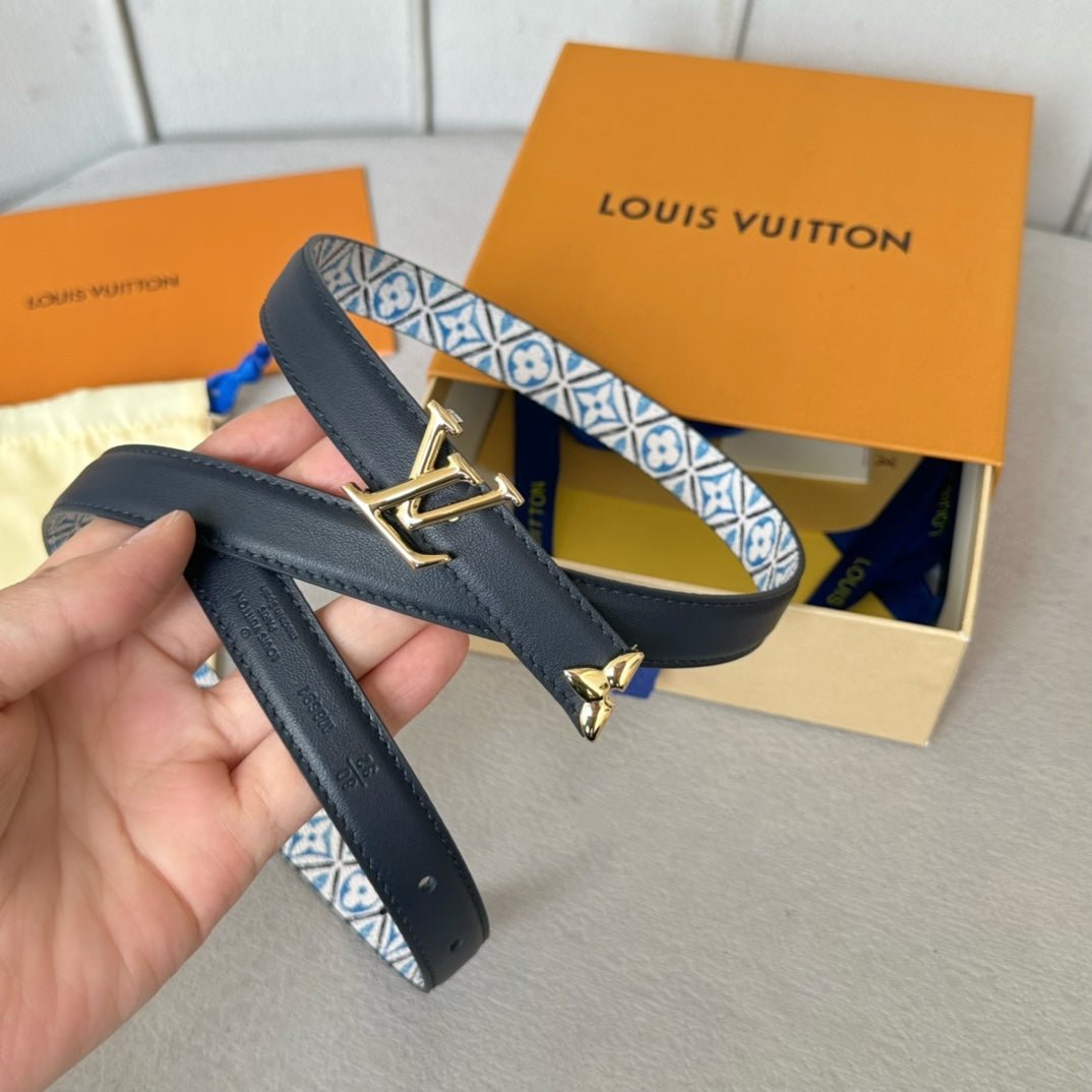Alternative view of Pretty LV 20mm Reversible Belt Gold Buckle Black White Blue Leather