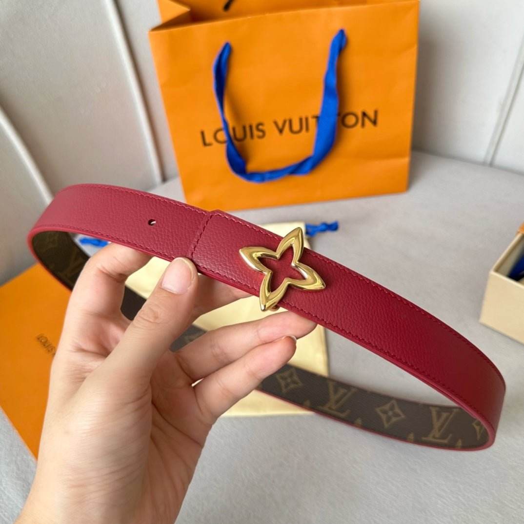 Alternative view of LV  MINI FLOWERGRAM 30MM REVERSIBLE BELT IN BLOOD RED CALFSKIN GOLD HARDWARE