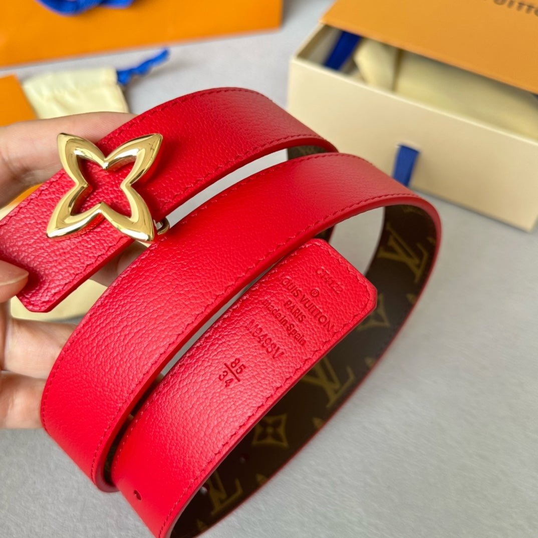 Alternative view of LV  MINI FLOWERGRAM 30MM REVERSIBLE BELT IN CHERRY RED CALFSKIN GOLD HARDWARE