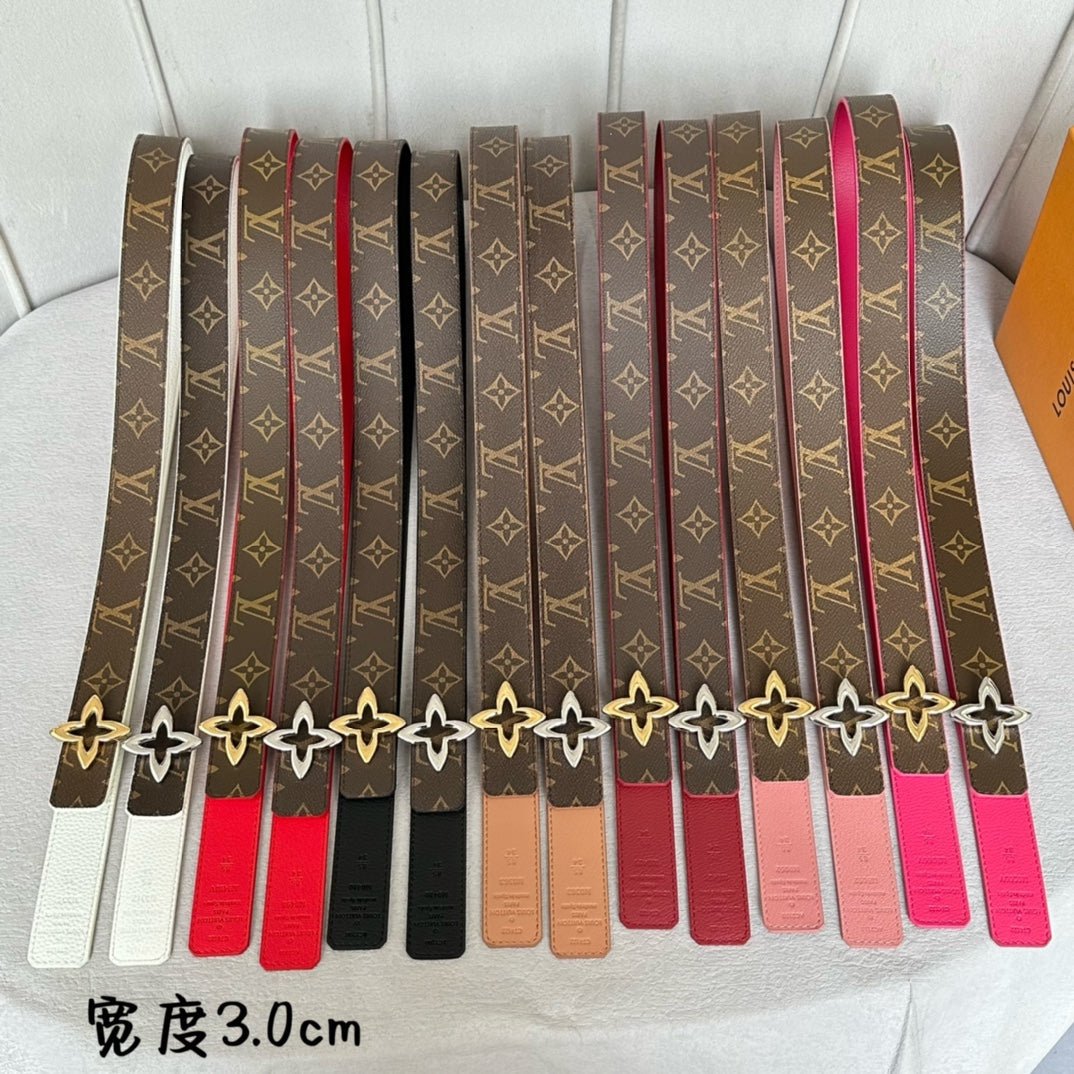 LV Red Leather Gold Clover Belt - Image 6