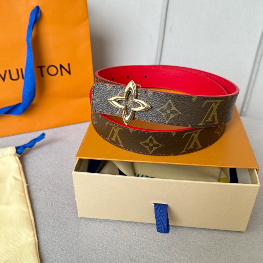 LV Red Leather Gold Clover Belt - Image 7