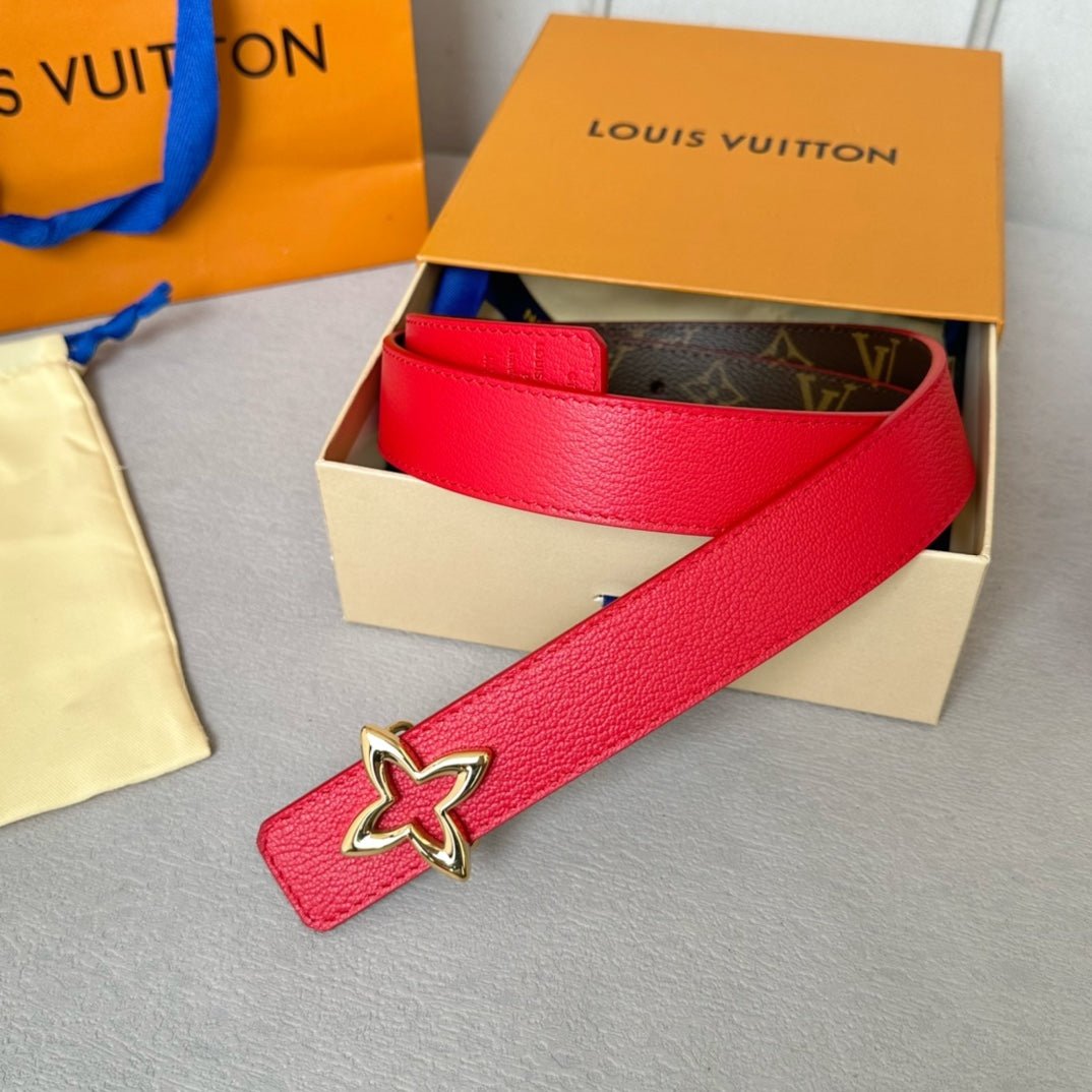 LV Red Leather Gold Clover Belt - Image 3