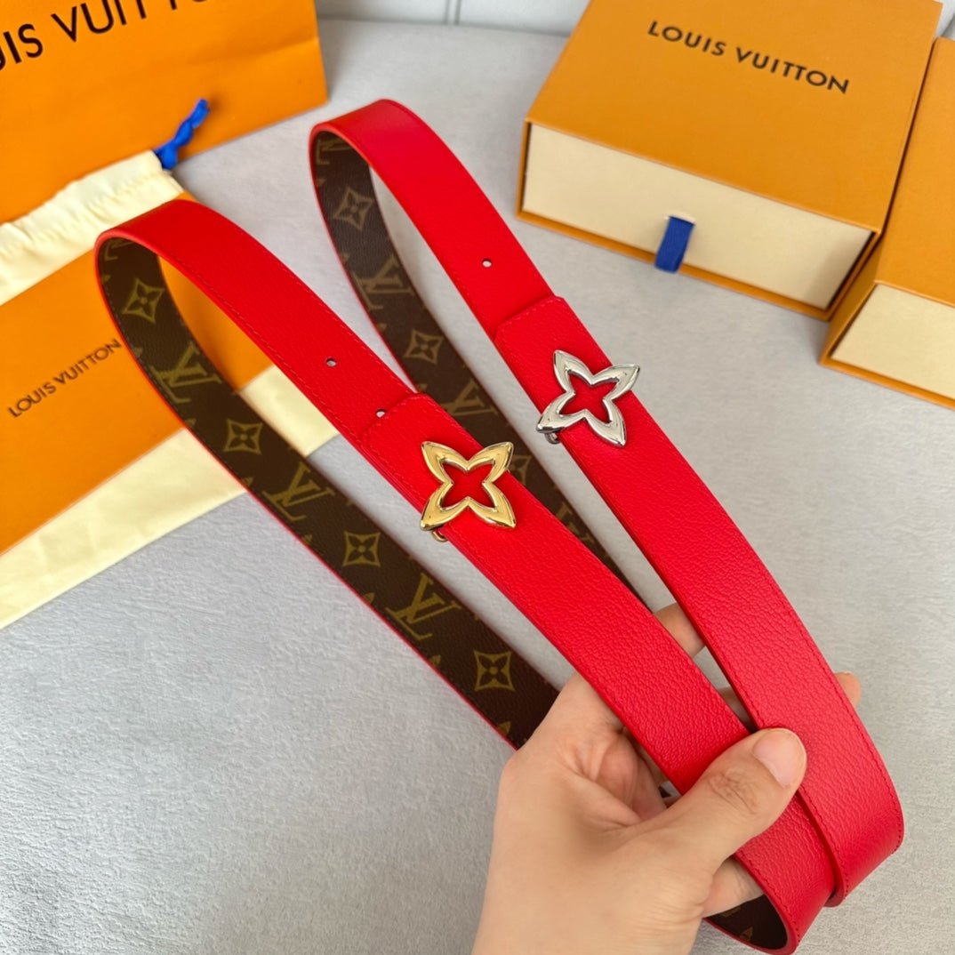 LV Red Leather Gold Clover Belt - Image 4