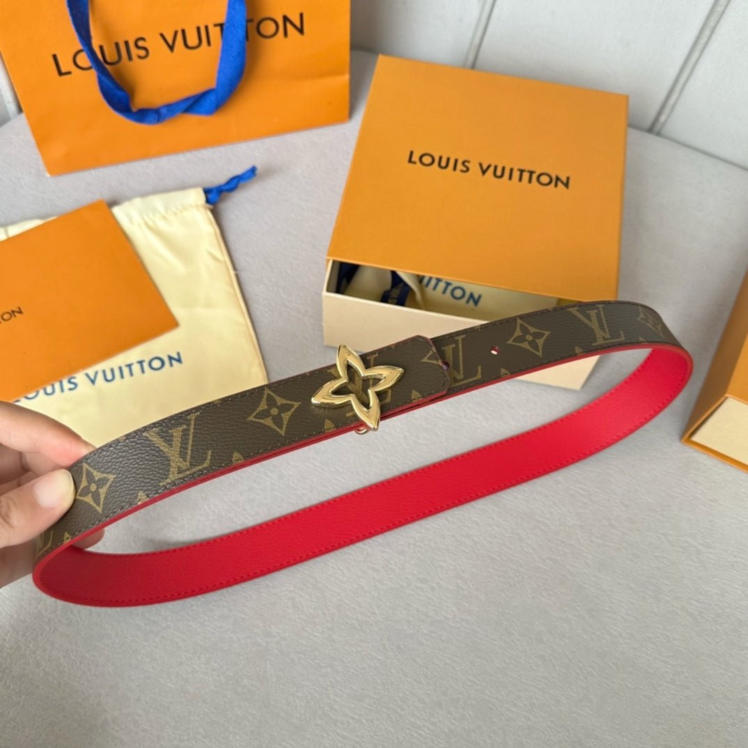 LV Red Leather Gold Clover Belt - Image 8