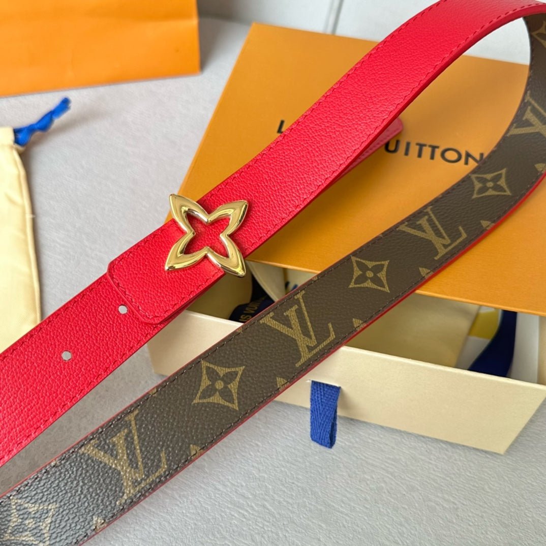 LV Red Leather Gold Clover Belt - Image 9