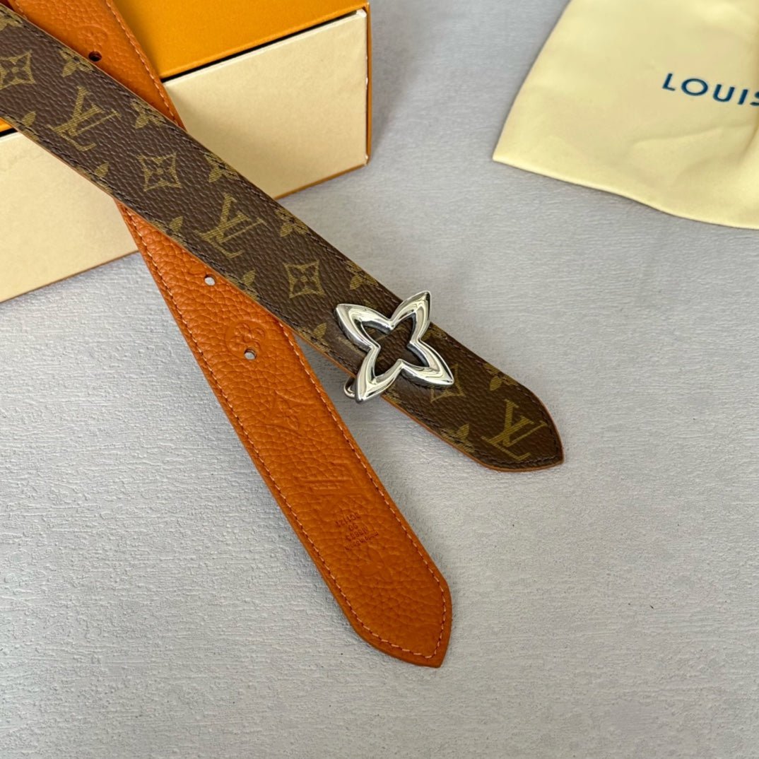 LV Tan Leather Silver Clover Belt - Image 7