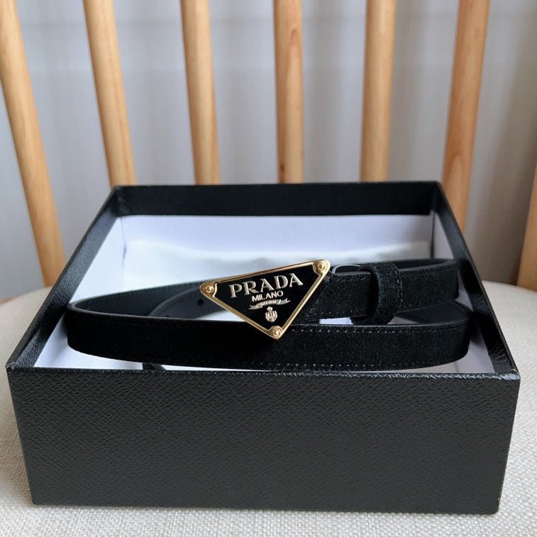 PRADA Black Suede Gold Logo Belt - Image 3