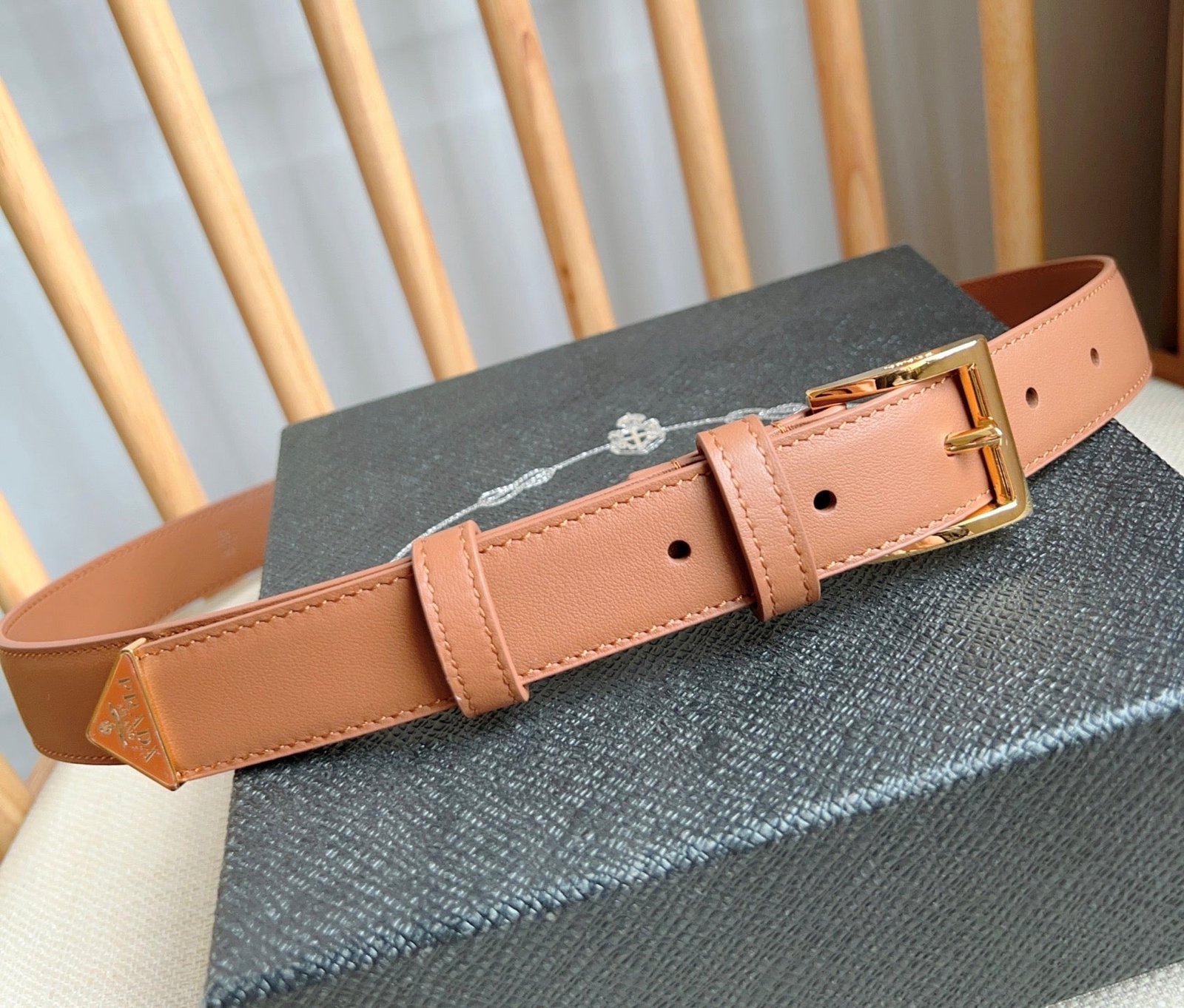 PRADA Tan Gold Buckle Belt - Image 4