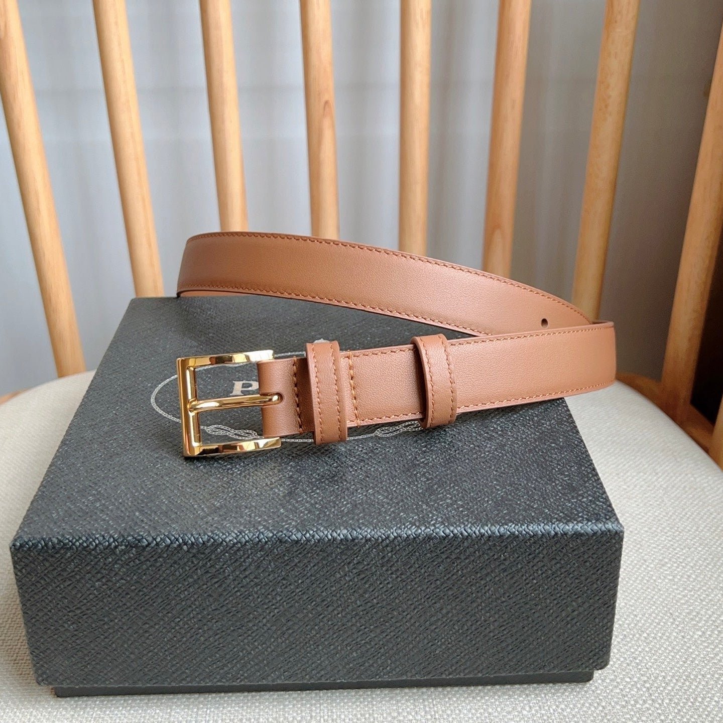 PRADA Tan Gold Buckle Belt