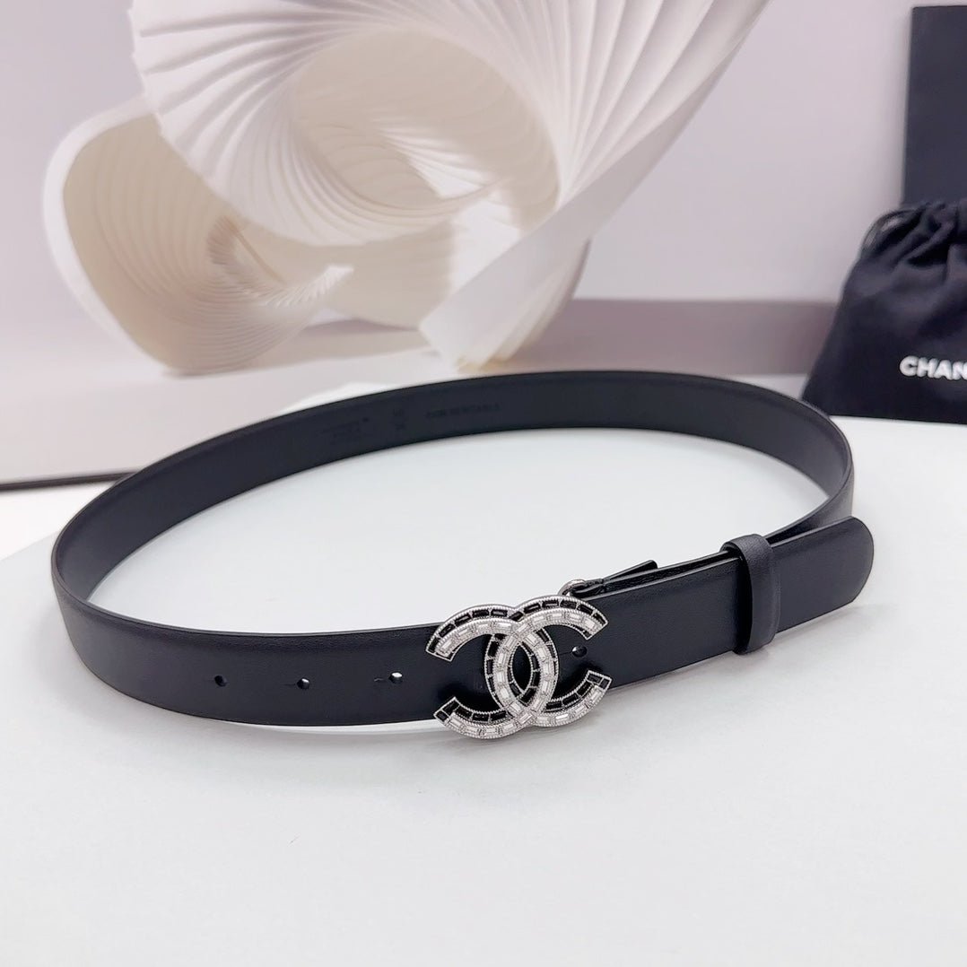 Chanel Black Silver Crystal Slim Belt