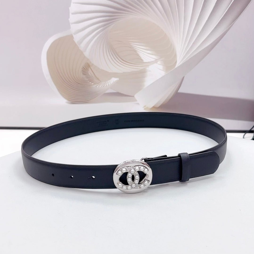 Chanel Matte Black Silver Pearl Belt