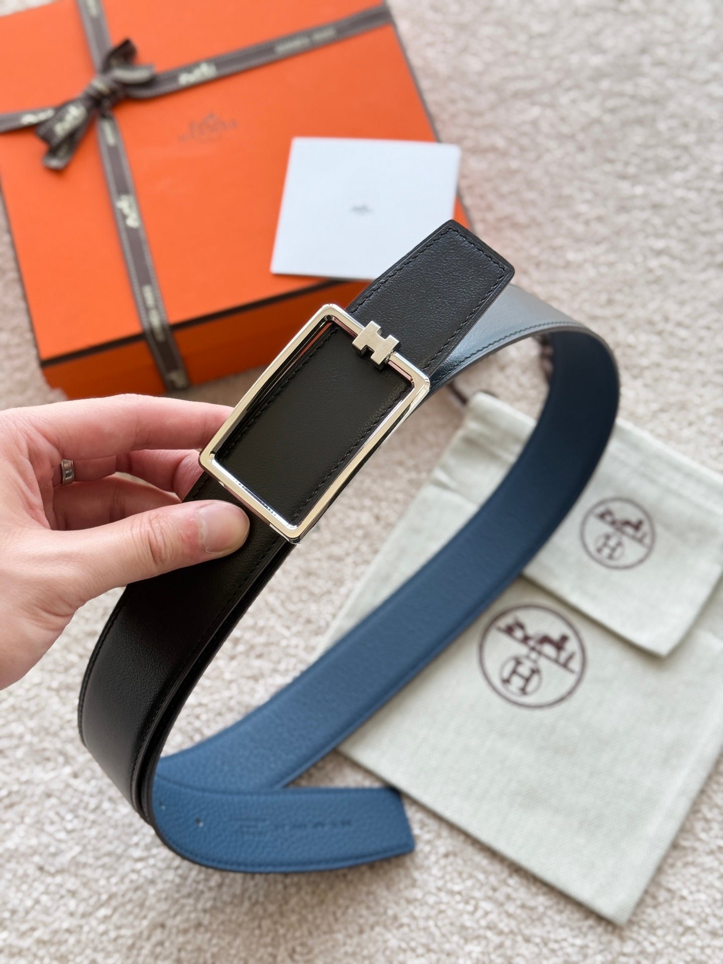Alternative view of HM Silver Tube H Buckle Belt 38mm Prussian blue Black Leather 187523