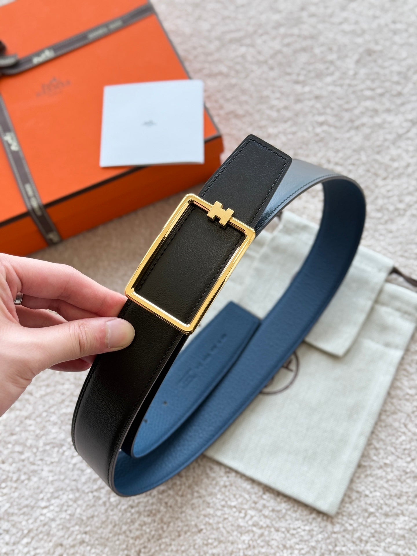 Alternative view of HM Gold Tube H Buckle Belt 38mm Prussian blue Black Leather 187522