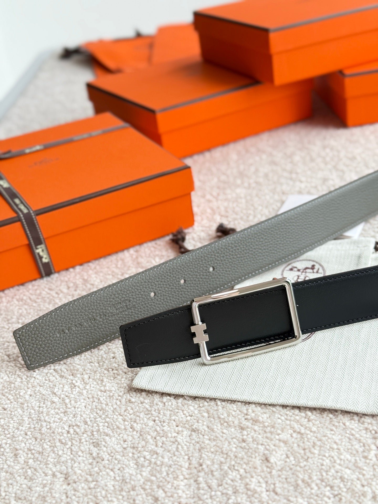 HM Silver Tube H Buckle Belt 38mm Meyer gray Leather 187782 - Image 4