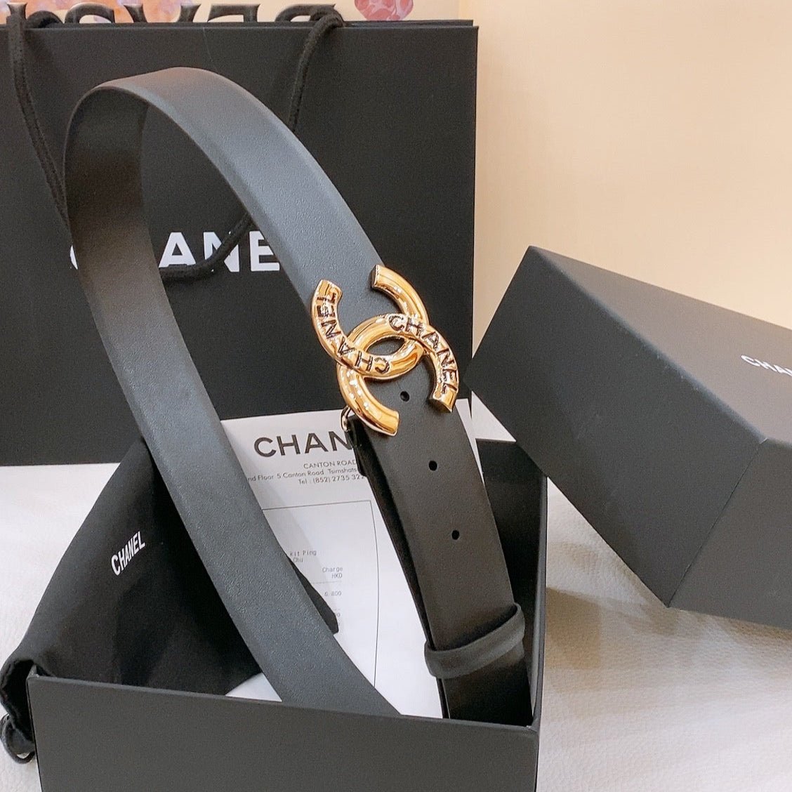 Chanel Grey Logo Gold Belt