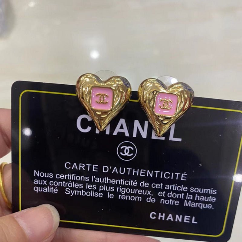 CHANEL Gold Textured Heart Pink Enamel CC Earrings