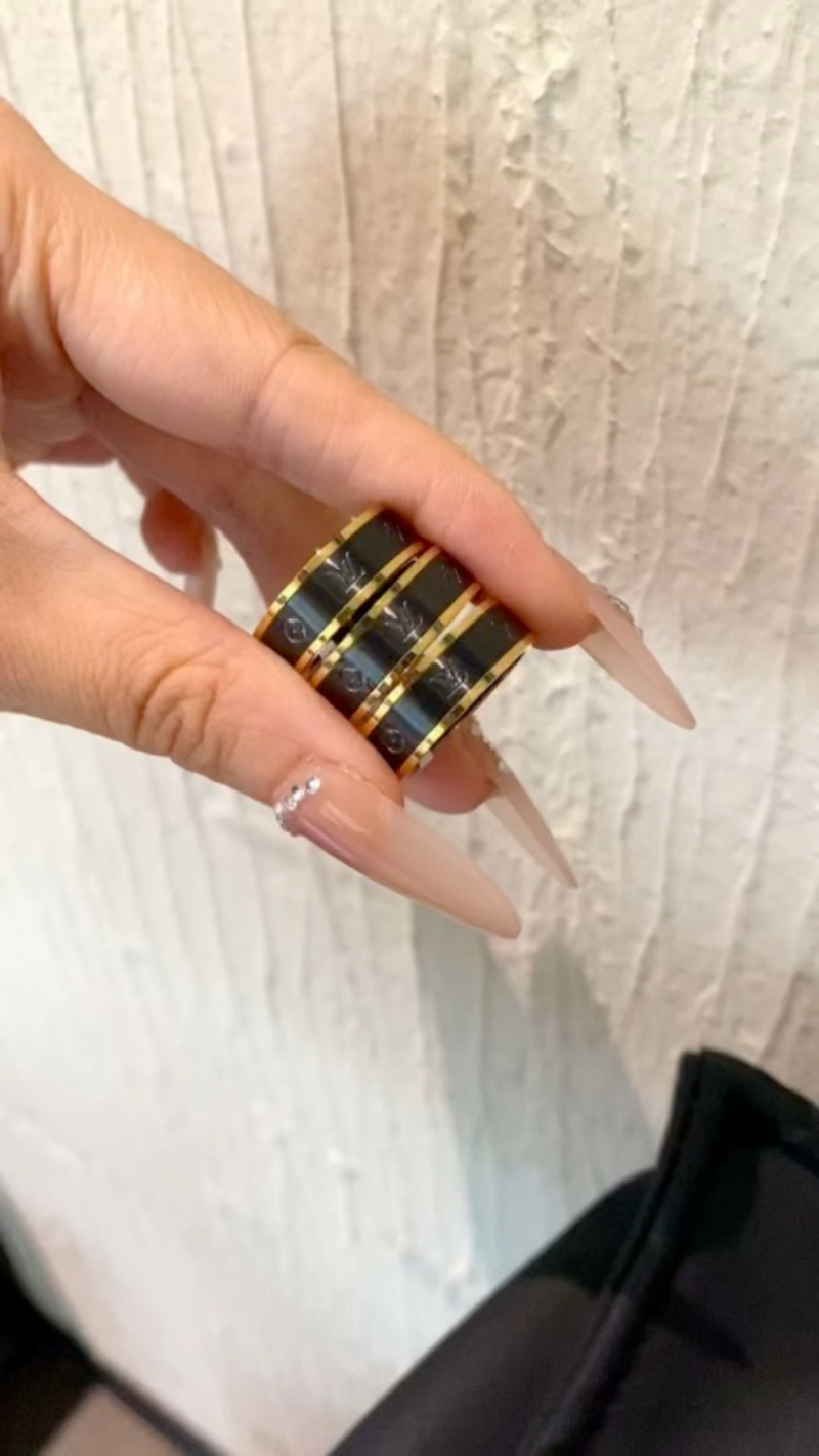 LV Gold Border Black Enamel Embossed LV Wide Ring - Image 6