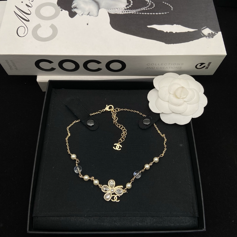 Chanel Gold Pearl Crystal Flower CC Dainty Necklace - Image 6