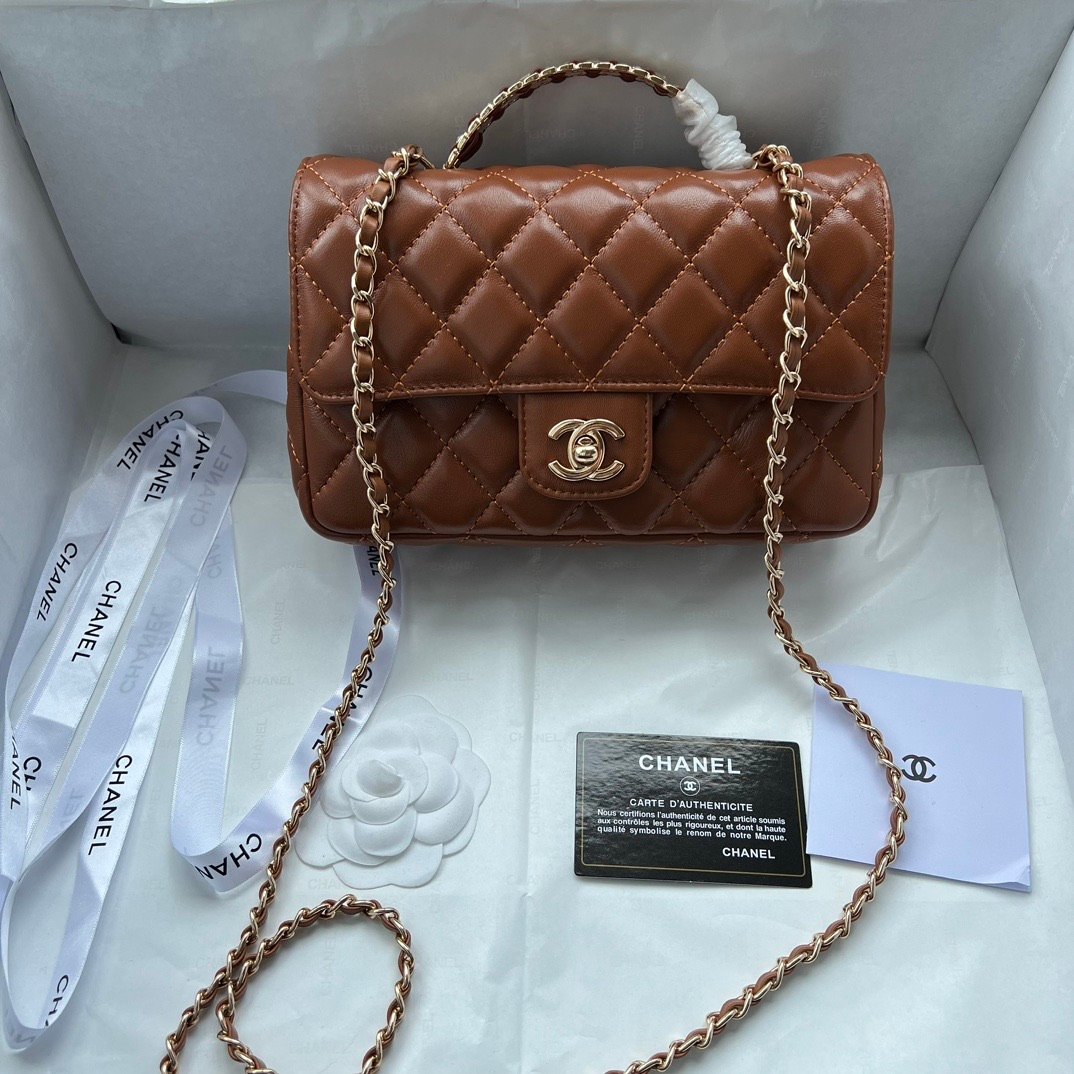 Alternative view of Chanel Classic Flap Bag With Top Handle Quilted Brown Gold Hardware 21Cm