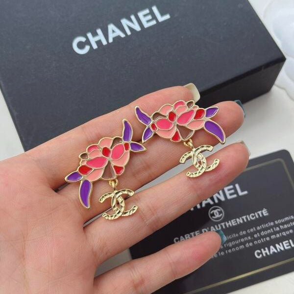 CHANEL Color Enamel Floral CC Drop Earrings