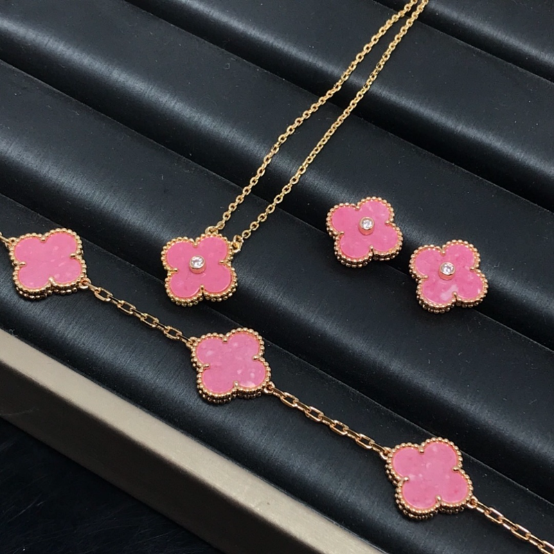 Alternative view of Pink Enamel Clover Bracelet Necklace Set