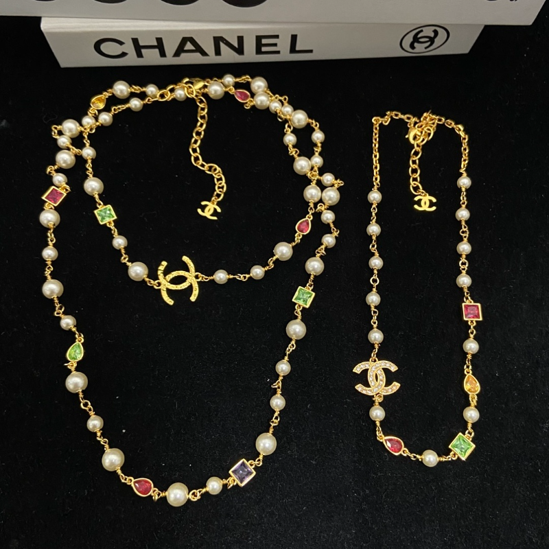 Chanel Gold Pearl Color Gem CC Dual Necklaces