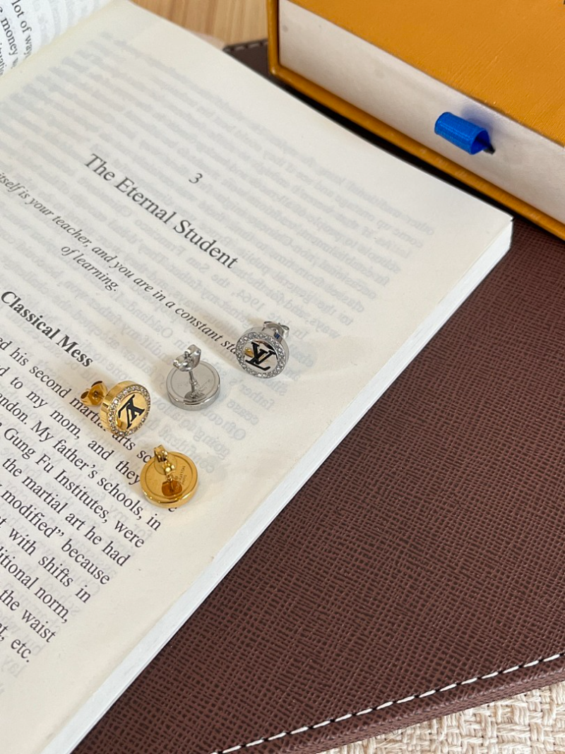 LV Dual Tone Enamel Zircon Coin Stud Earrings - Image 7