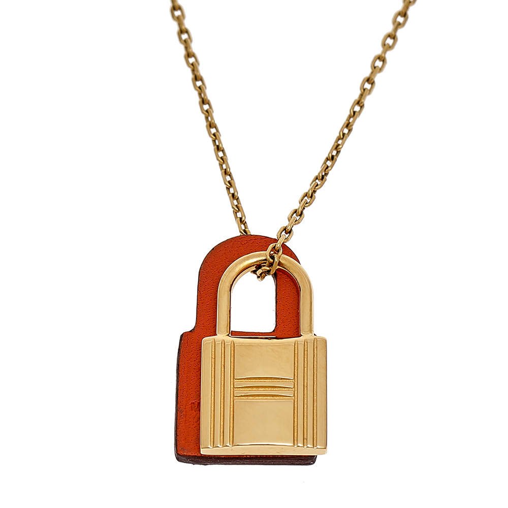 Hermès Gold Orange Leather Padlock Necklace