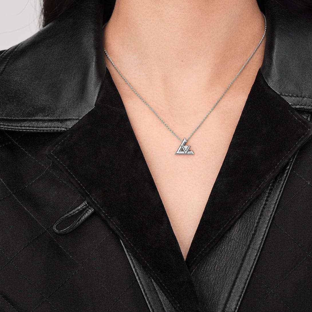 LV Silver Zircon Triangle Logo Necklace - Image 3